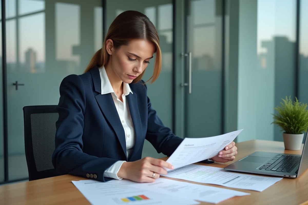 Agent immobilière examinant des documents de frais d'agence sur un bureau en bois dans un bureau moderne