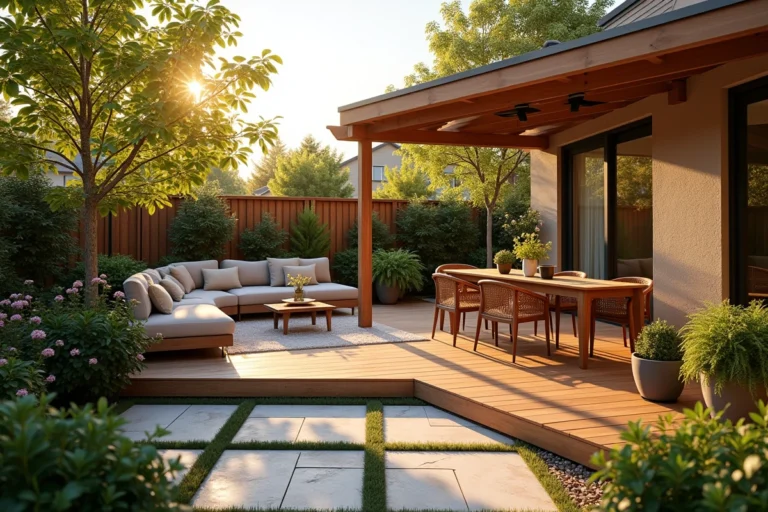 Vue d'ensemble d'un espace extérieur fonctionnel et esthétique avec terrasse, coin repas et végétation
