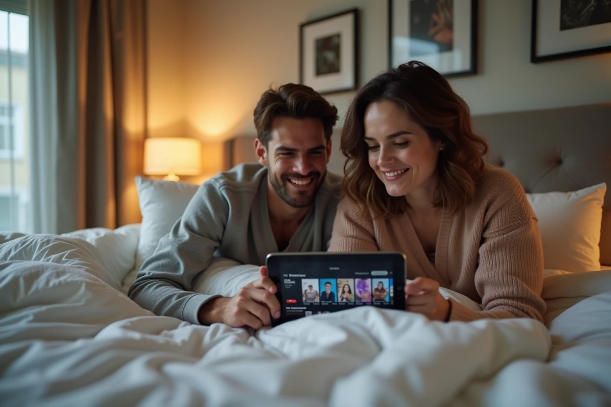 Deux amis regardant ensemble du contenu sur une tablette via une plateforme de streaming gratuite