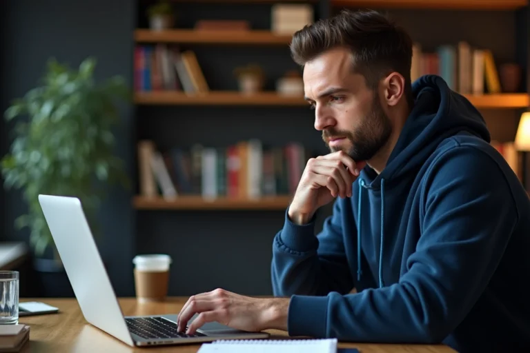 Homme analysant des statistiques de football sur un ordinateur portable pour préparer ses pronostics sportifs