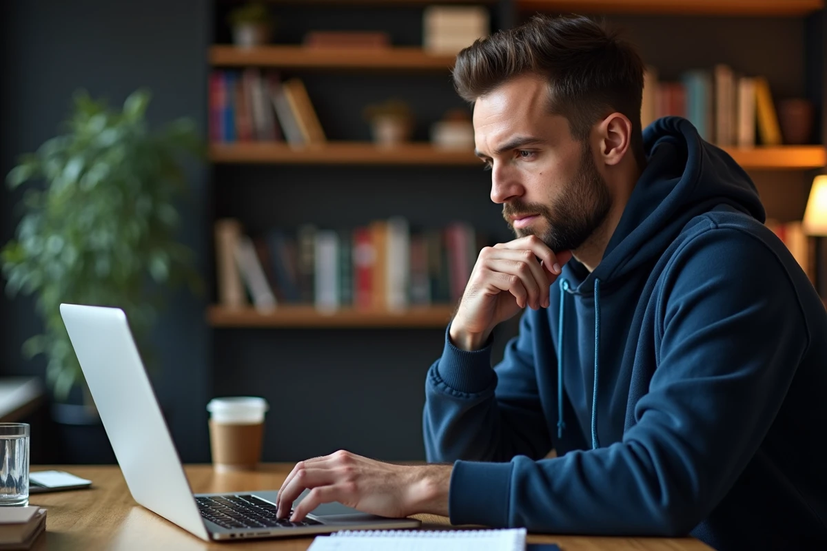 Homme analysant des statistiques de football sur un ordinateur portable pour préparer ses pronostics sportifs
