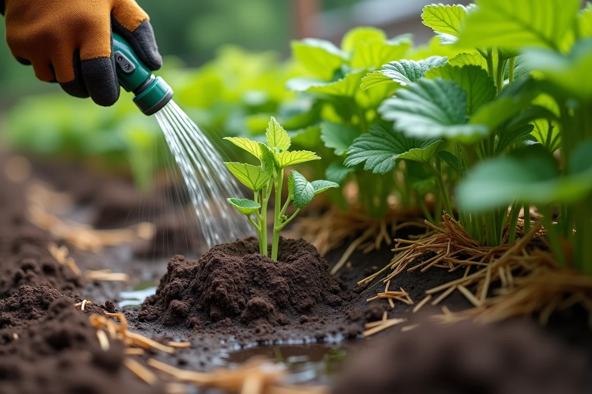 Arrosage au pied d'un plant de pomme de terre avec un tuyau d'arrosage, sol paillé et humide dans un potager