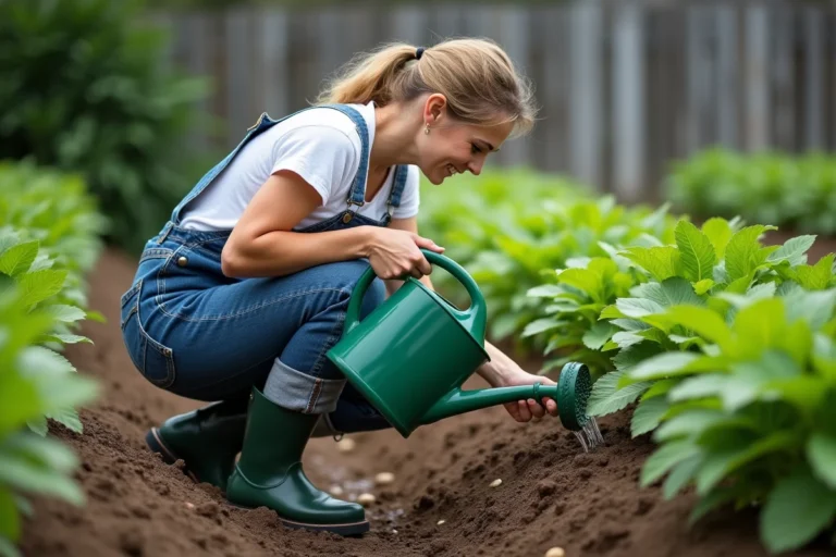 Femme arrosant des plants de pommes de terre dans un potager avec un arrosoir vert, sol riche et feuillage luxuriant