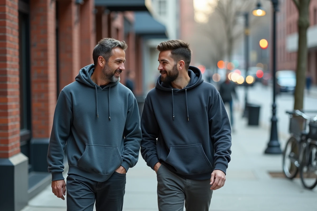 Deux hommes marchant ensemble en ville et discutant, représentant les liens d'attachement masculins et les différences relationnelles entre genres