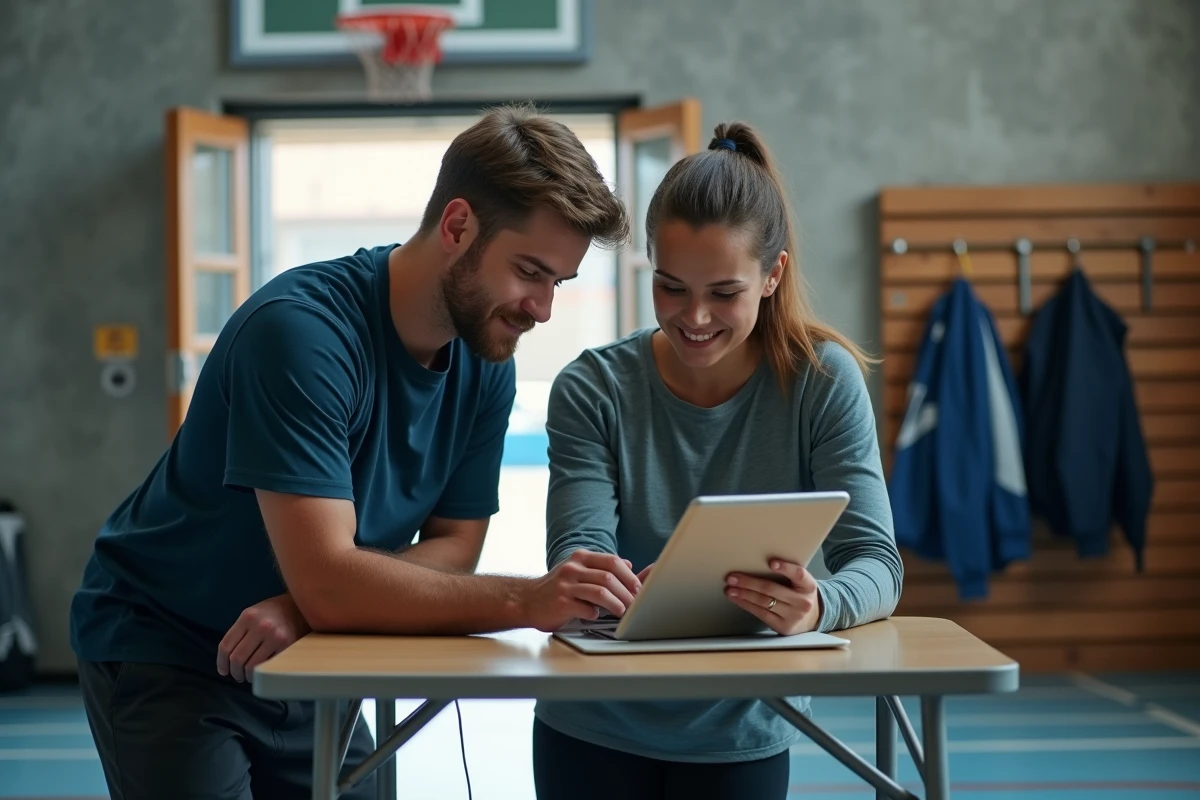Deux bénévoles d'un club de basket consultant l'interface d'inscription joueurs sur l'extranet FBI V2 FFBB via une tablette