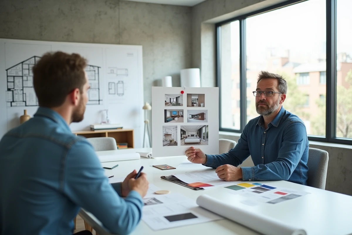 Client présentant un brief visuel illustré à un architecte d'intérieur lors d'une réunion en studio