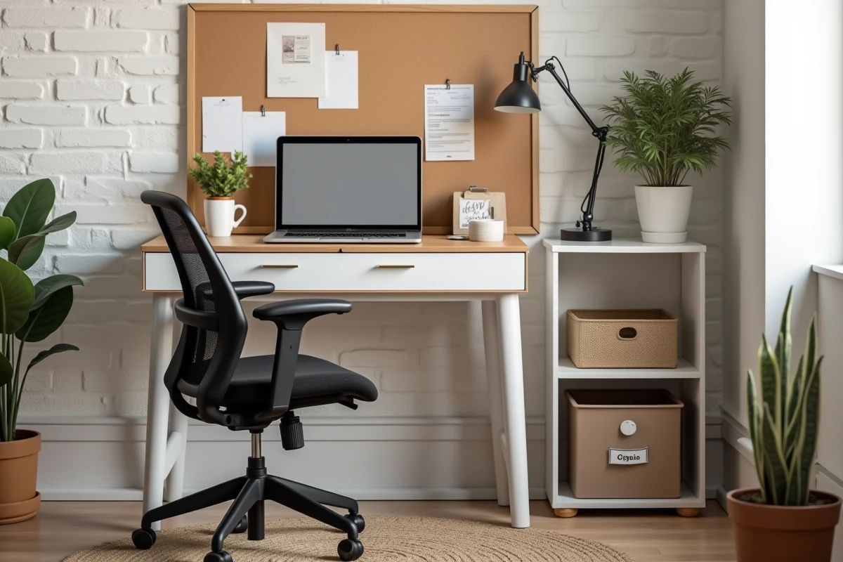 Bureau à domicile bien organisé avec un bureau en bois blanc, une chaise ergonomique noire et des étagères de rangement de style Homcom Canada