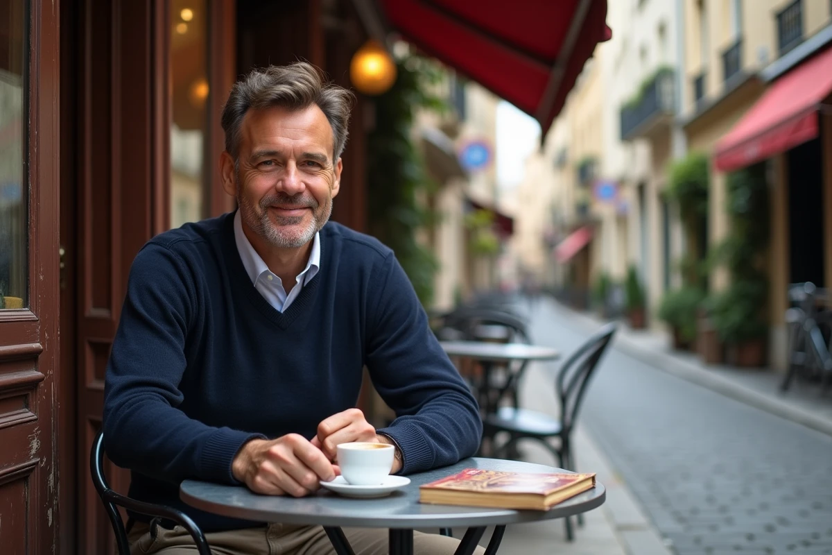 Homme attablé en terrasse d'un café parisien dans une ruelle pavée typique avec vélo et volets anciens
