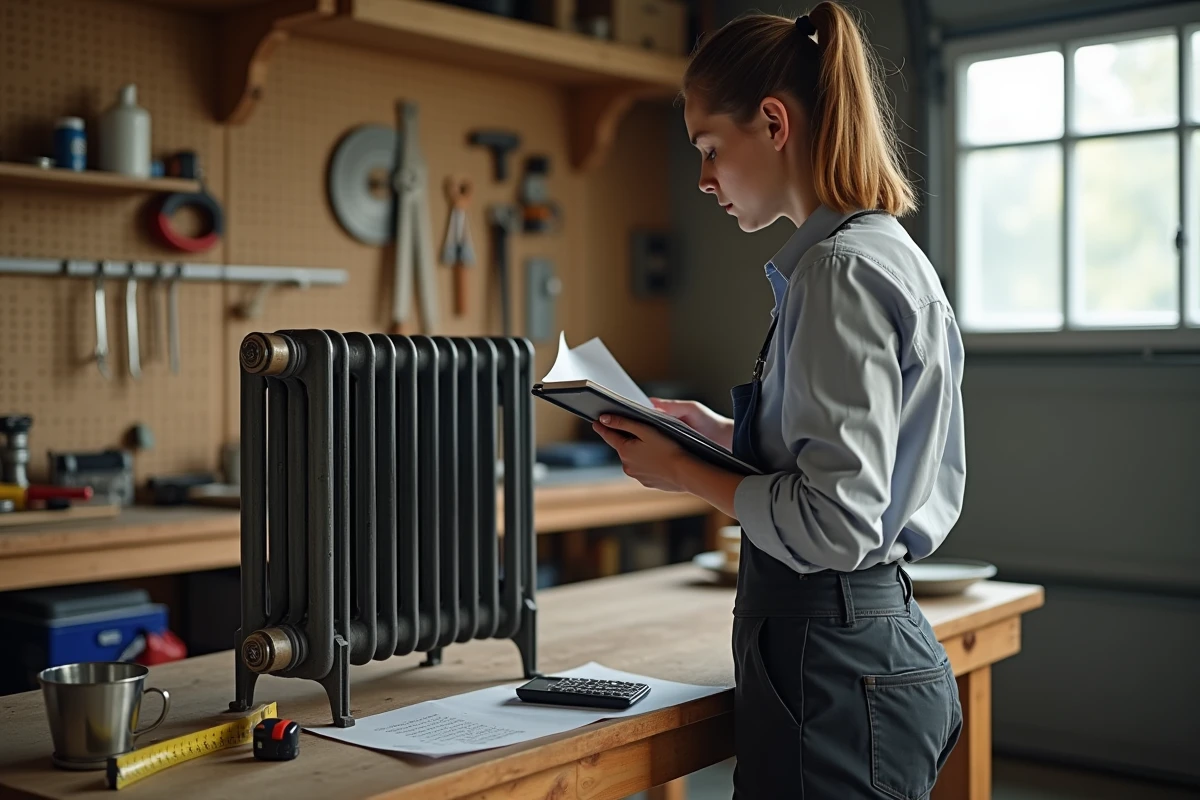 Femme calculant le poids d'un radiateur en fonte rempli d'eau sur un établi dans un atelier de bricolage