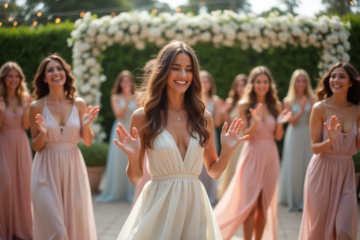 Demoiselles d'honneur en robes pastel dansant joyeusement en cercle sur une terrasse décorée lors d'un flashmob de mariage
