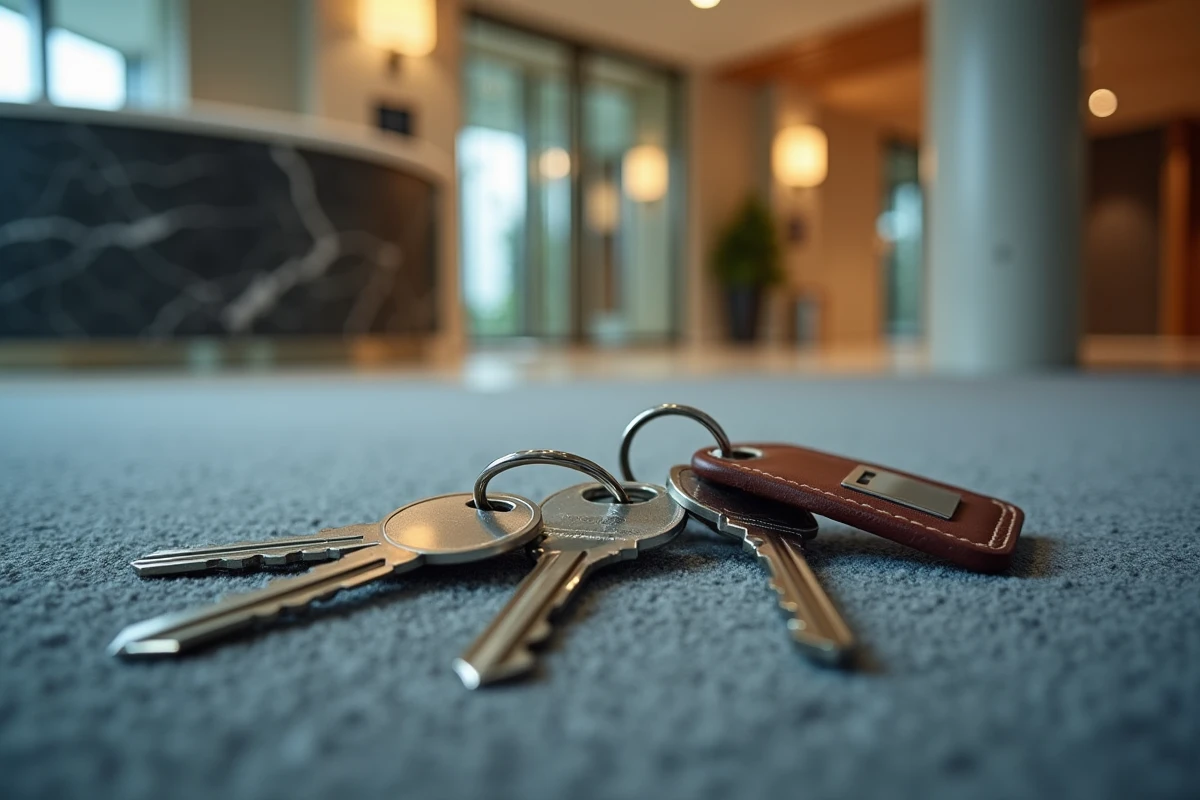 Clés de bureau perdues avec badge d'accès sur le sol d'une réception d'entreprise