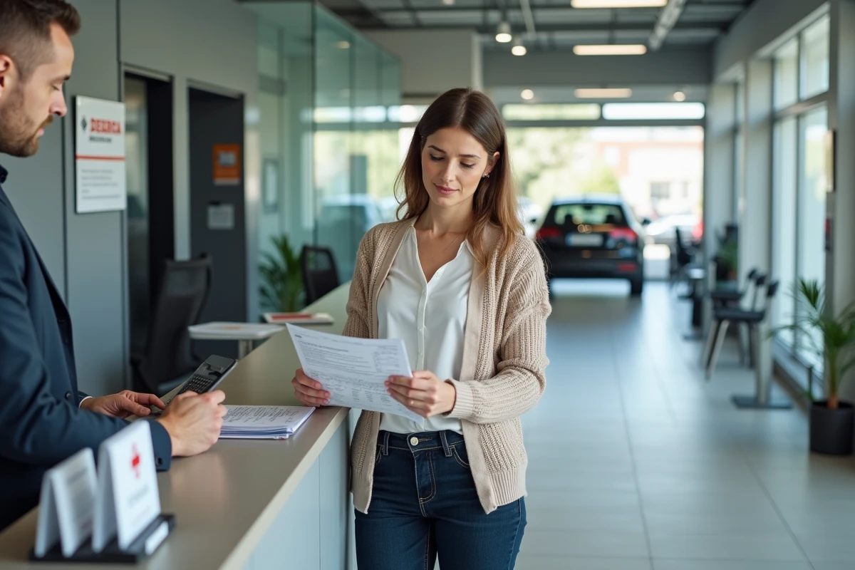 Cliente examinant le rapport de contrôle technique Dekra à l'accueil d'un centre d'inspection automobile