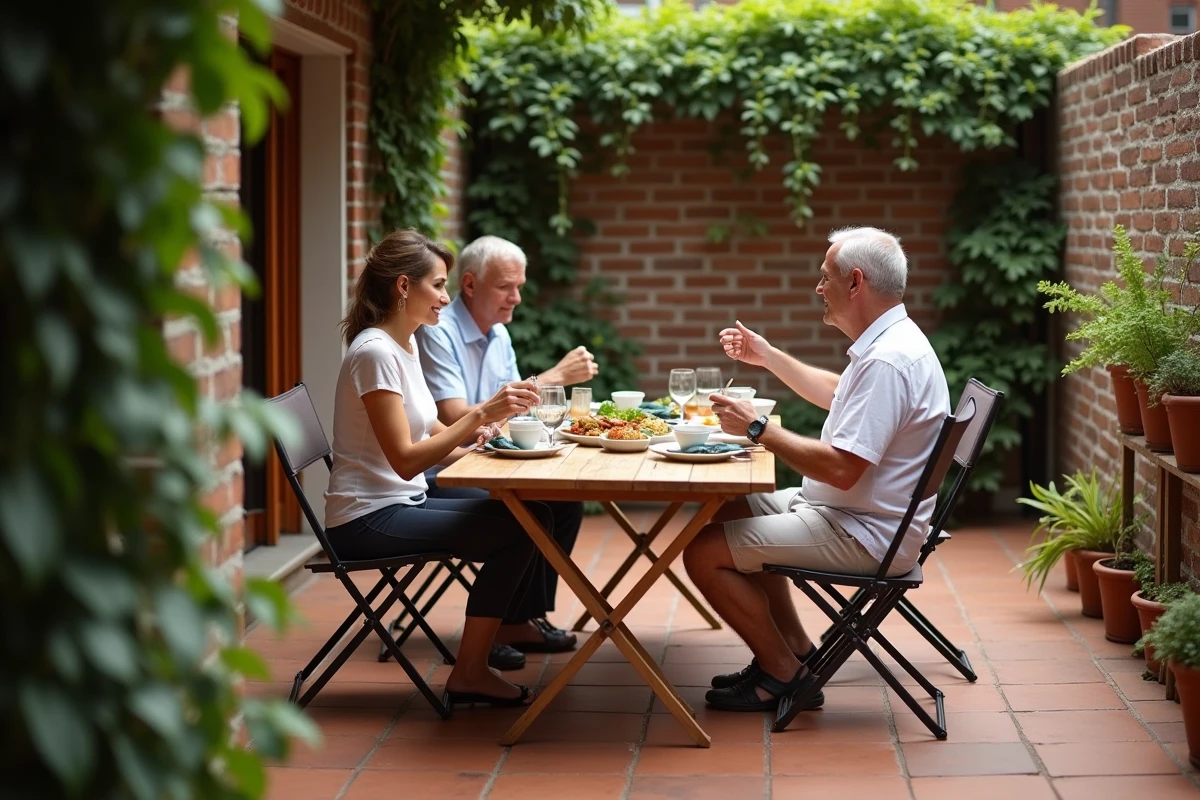Coin repas extérieur avec table et chaises pliantes sur une terrasse carrelée entourée de végétation
