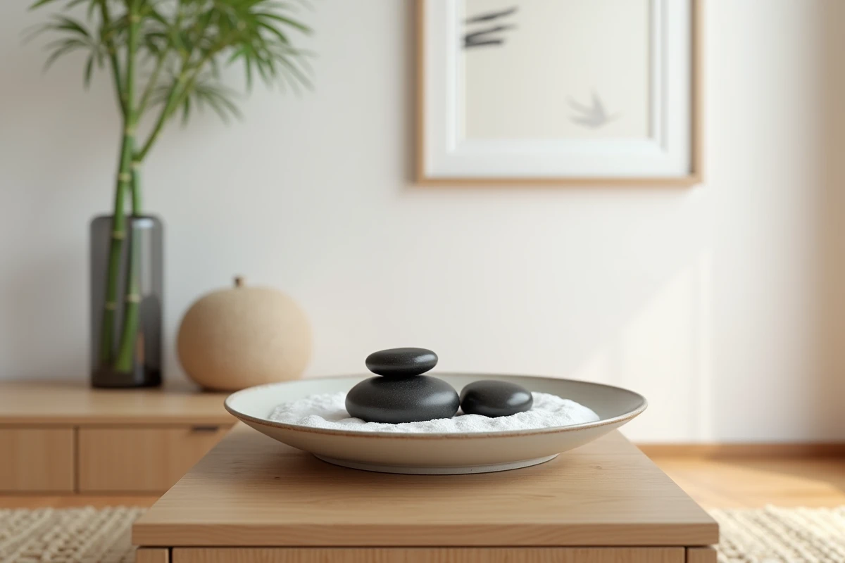 Coin zen intérieur minimaliste avec plateau de sable blanc pierres noires bambou et art japonais dans un salon moderne