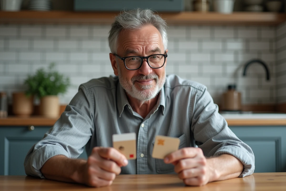 Homme comparant une ancienne et une nouvelle carte d'identité française à la maison, montrant les différences de durée de validité de la CNI