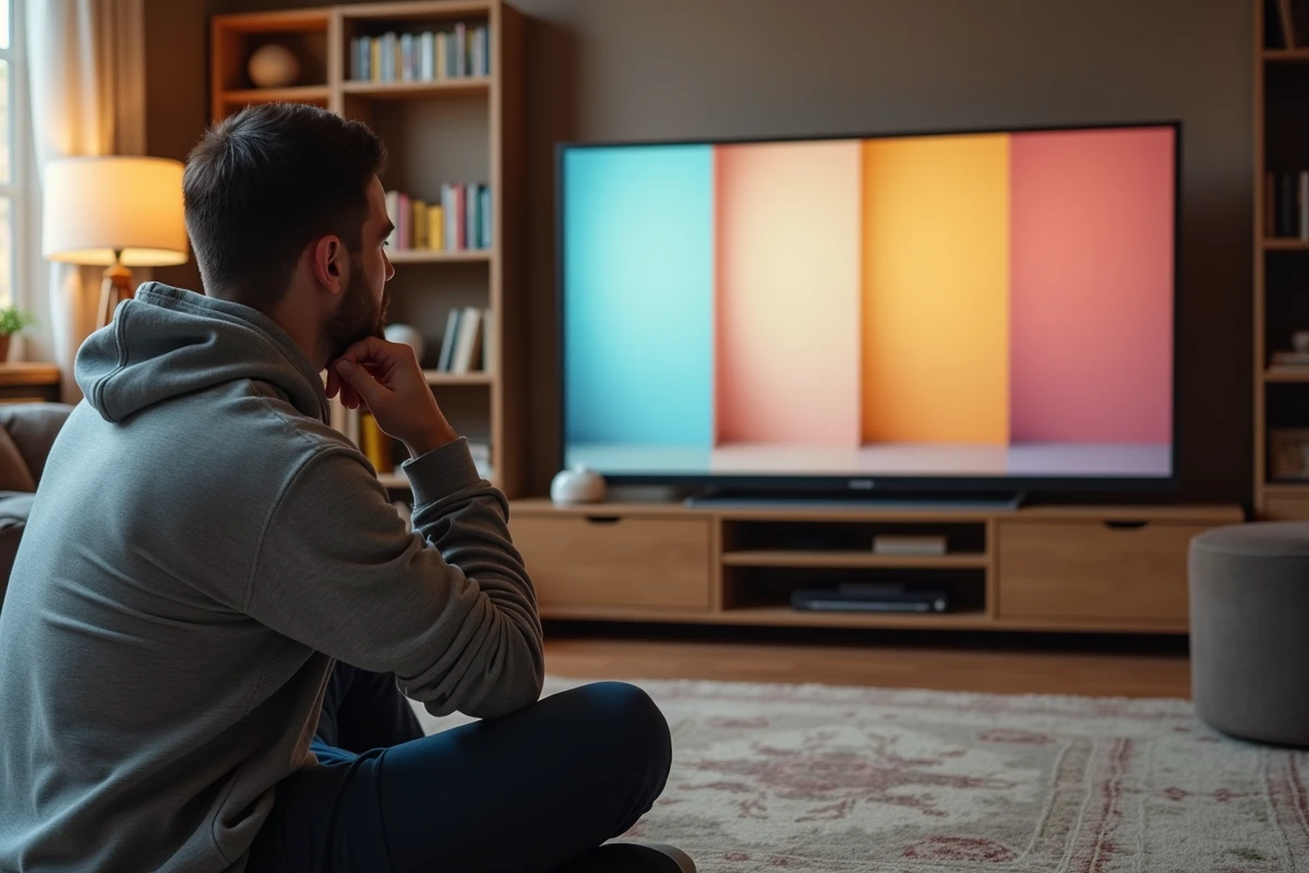 Homme comparant plusieurs scénarios de couleurs murales côte à côte sur un écran de simulation déco