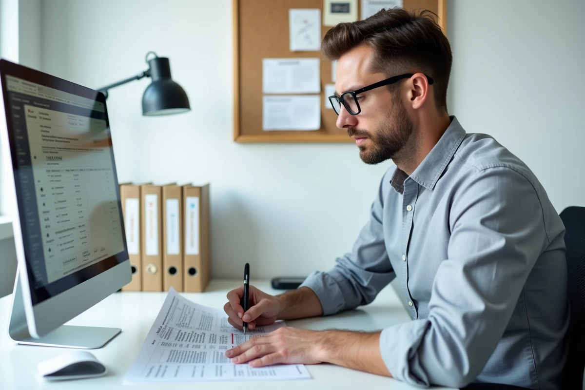 Comptable annotant une déclaration fiscale pour déduire des frais d'agence immobilière dans un cabinet professionnel