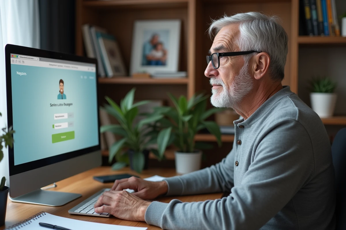 Fils adulte connecté à une plateforme de suivi des soins parentaux à distance depuis son bureau à domicile