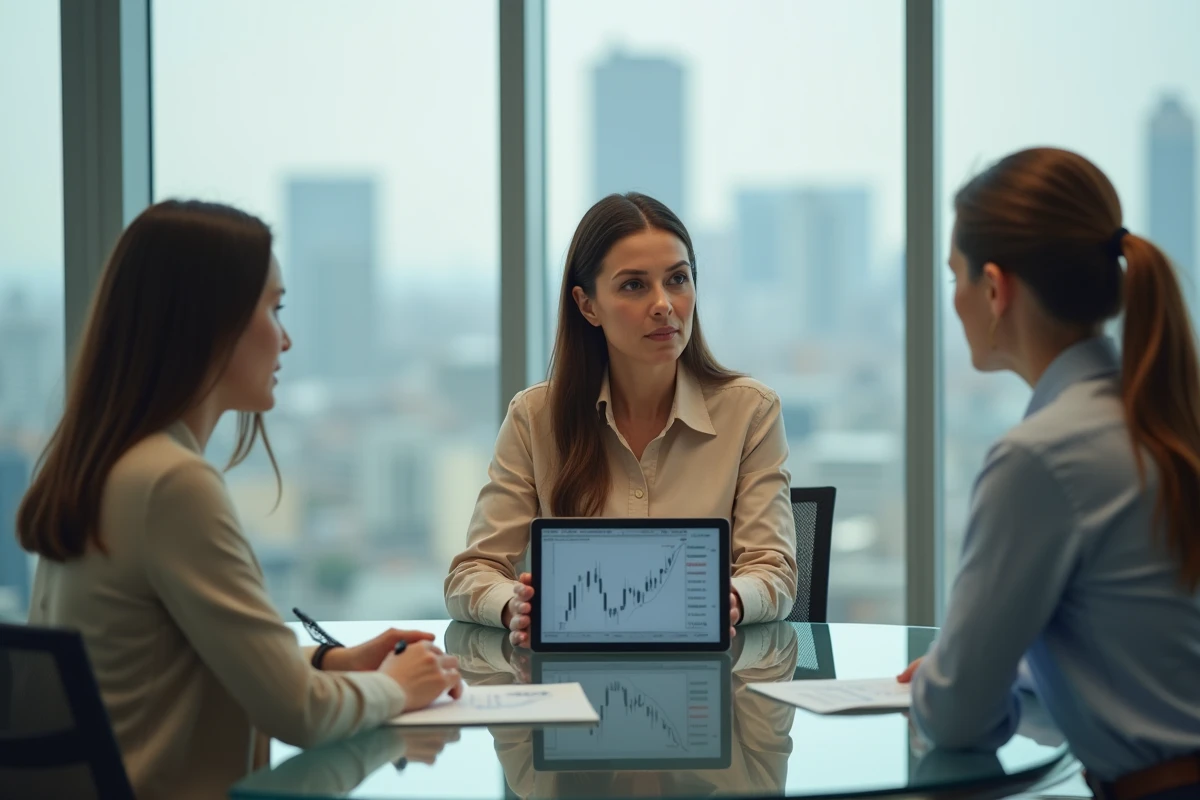 Femme consultant un conseiller financier dans un bureau moderne pour développer son patrimoine en 2024