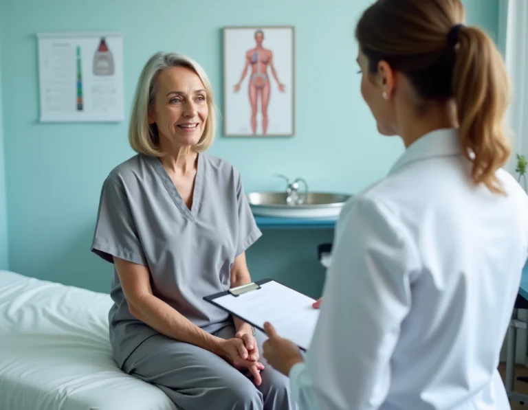 Femme d'âge mûr en consultation gynécologique pour des symptômes urologiques, assise sur une table d'examen et discutant avec sa médecin