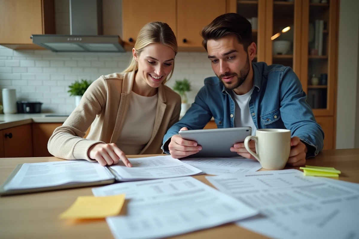 Couple étudiant des documents fiscaux liés aux frais d'agence immobilière dans une cuisine moderne