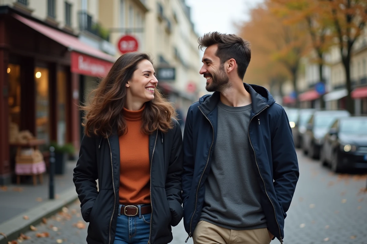 Un couple de jeunes adultes se promenant et riant dans une rue parisienne en automne, évoquant une relation amoureuse télévisée