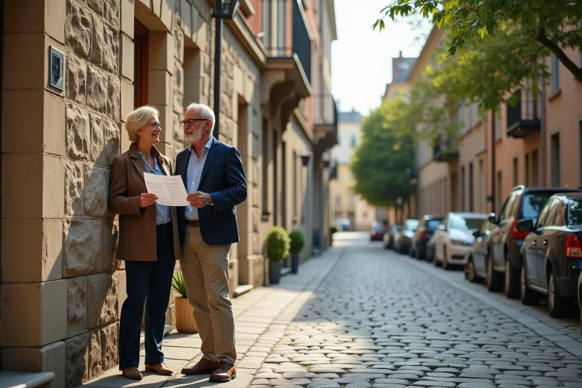 Couple évaluant un immeuble résidentiel lors d'une visite pour un investissement locatif