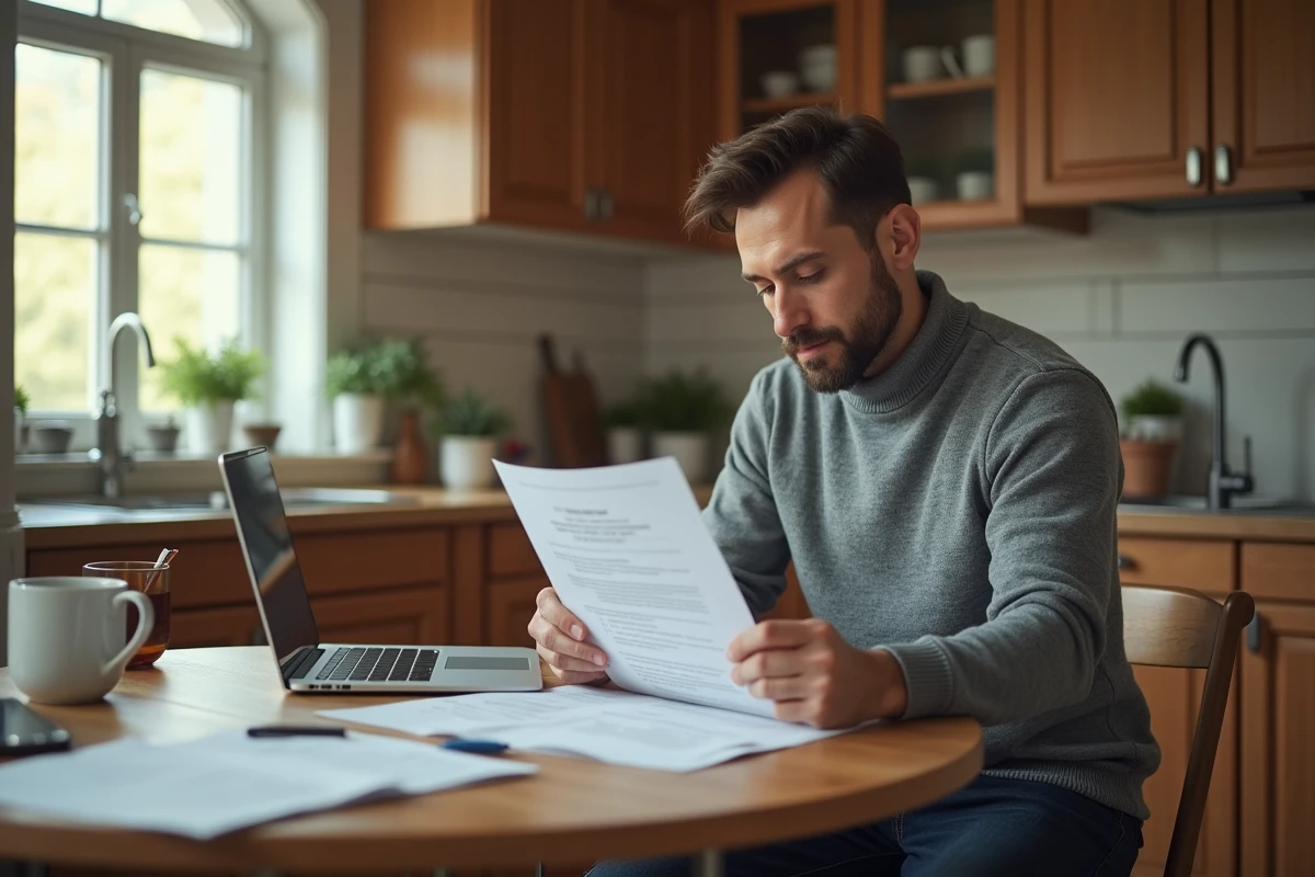 Homme analysant les conditions d'un crédit LCL Flex depuis chez lui sur son ordinateur