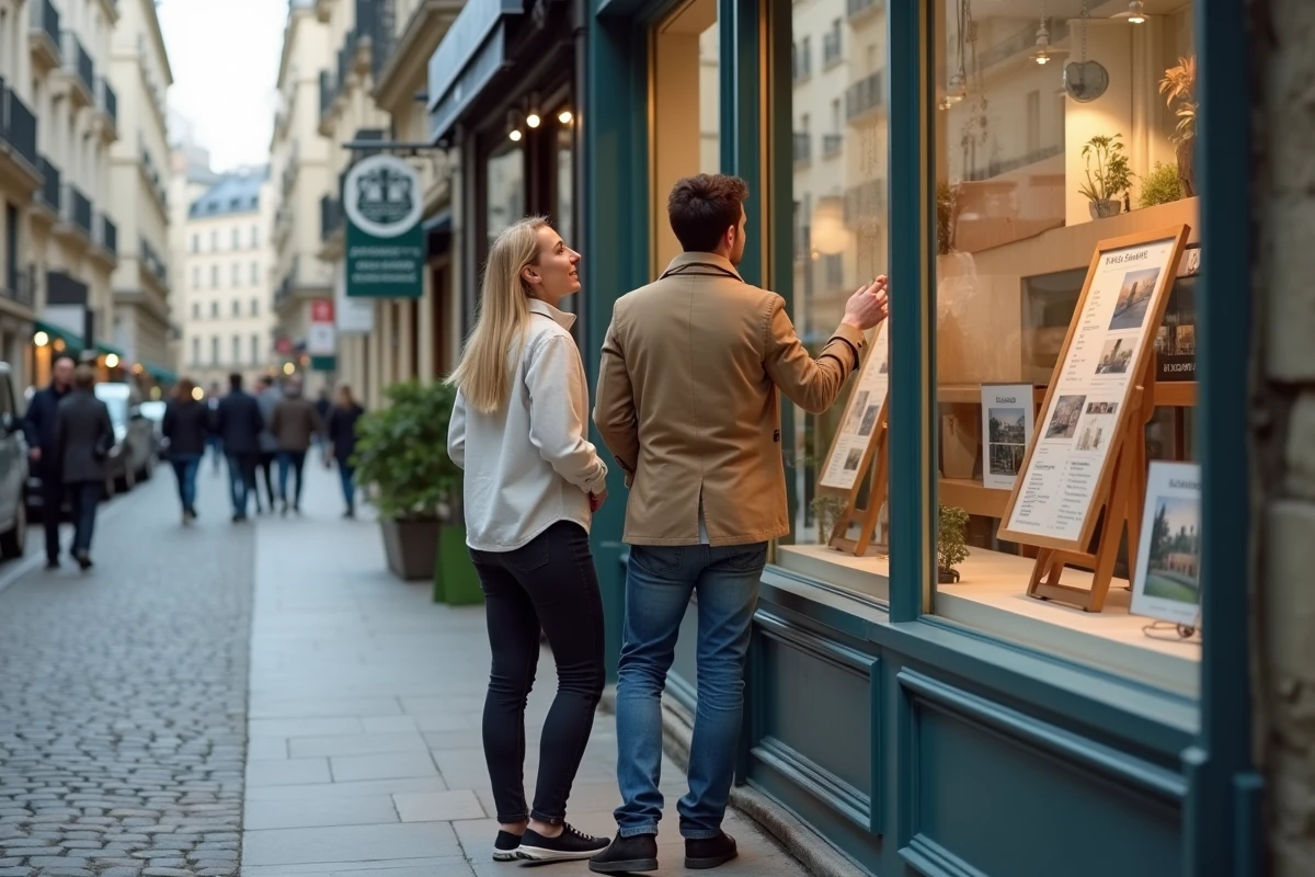 Couple devant une agence immobilière envisageant un financement avec le crédit Flex LCL