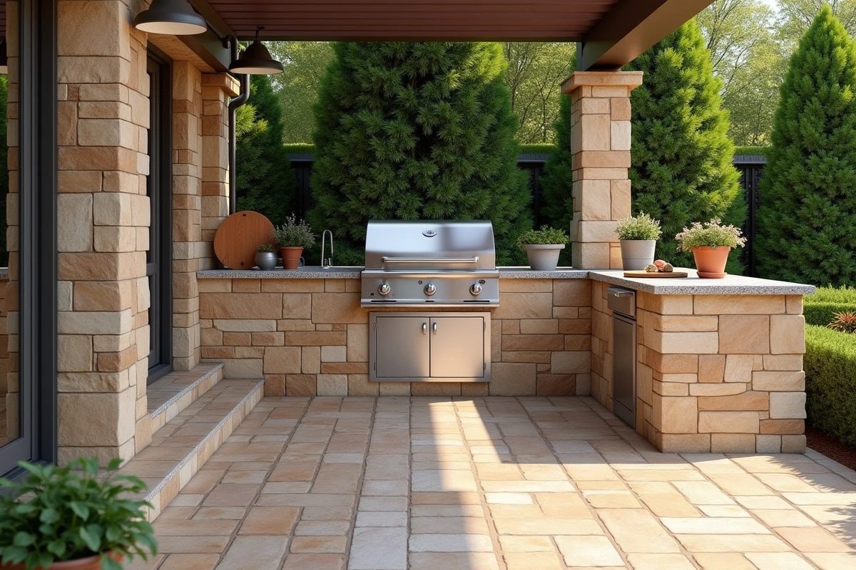 Cuisine extérieure fixe avec plan de travail en granit et barbecue intégré sur une terrasse en pierre