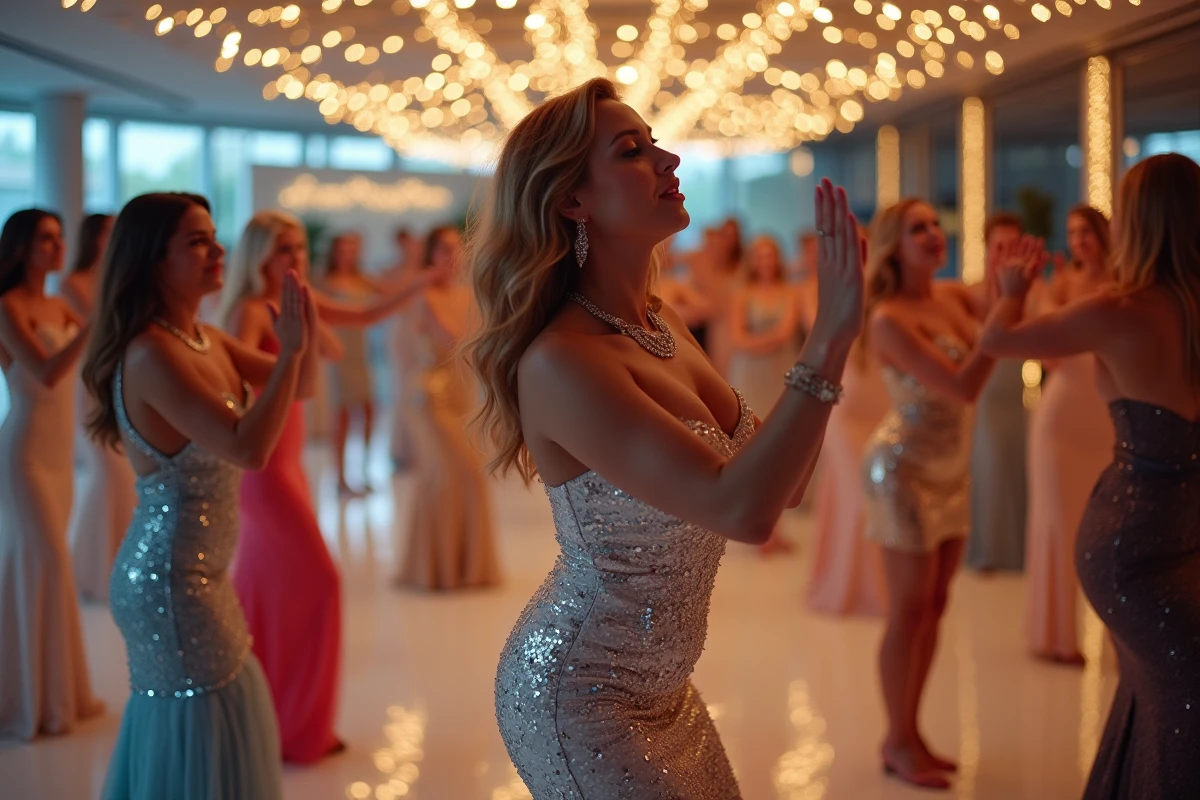 Invités élégants en tenue de soirée à paillettes dansant dans un style disco lors d'un flashmob de mariage sur une piste miroir