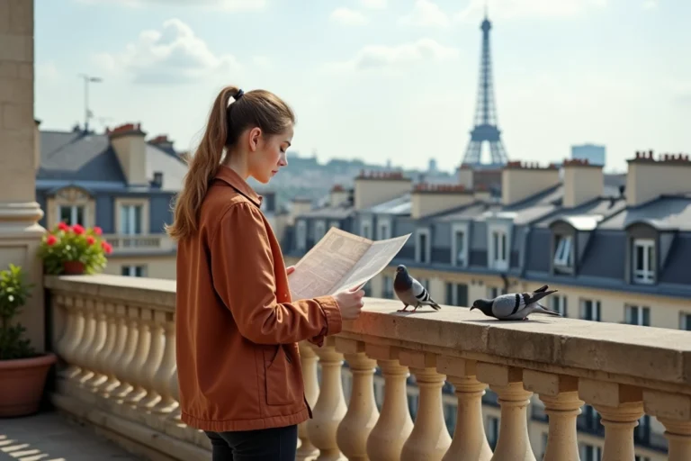 Jeune femme consultant une carte de Paris sur une terrasse avec vue sur les toits haussmanniens et la Tour Eiffel