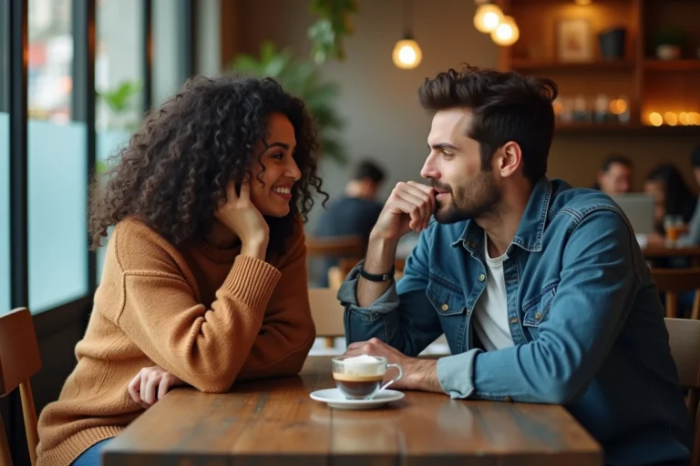 Couple homme et femme en conversation intime dans un café, illustrant les différences d'attachement émotionnel entre les genres