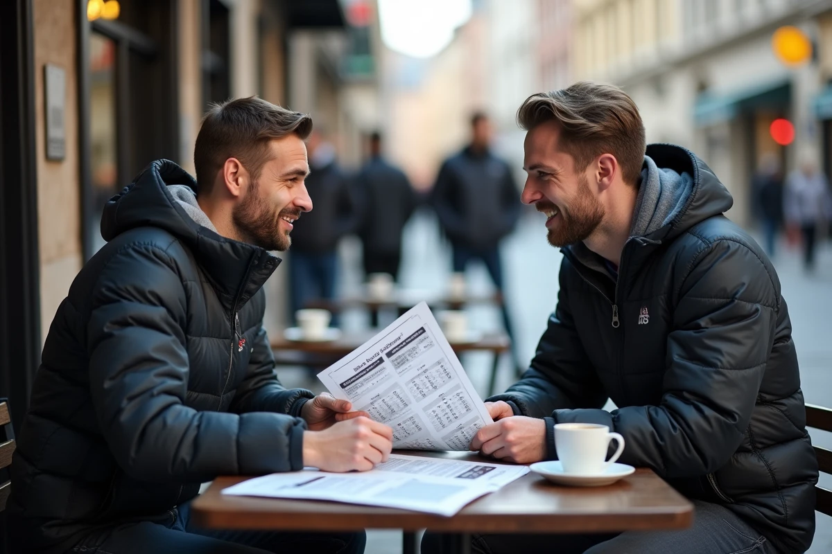 Deux hommes discutant de pronostics football autour d'un tableau de statistiques dans un café en terrasse