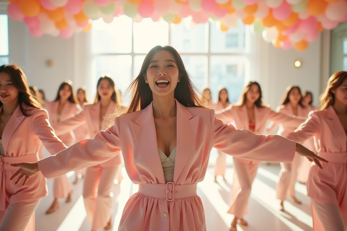 Groupe de jeunes invités en tenues pastel coordonnées exécutent une chorégraphie K-pop synchronisée lors d'un flashmob de mariage