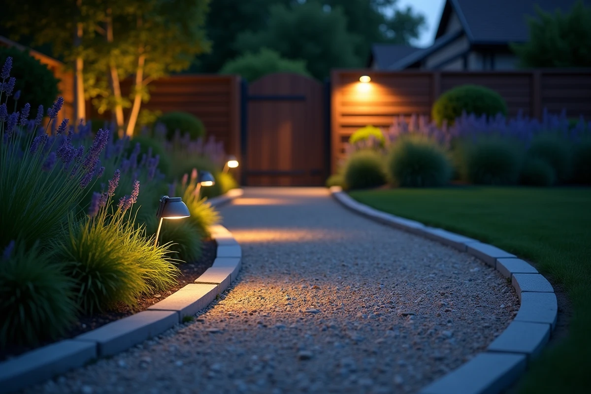Allée de jardin balisée par des luminaires solaires au crépuscule avec gravier et plantes basses
