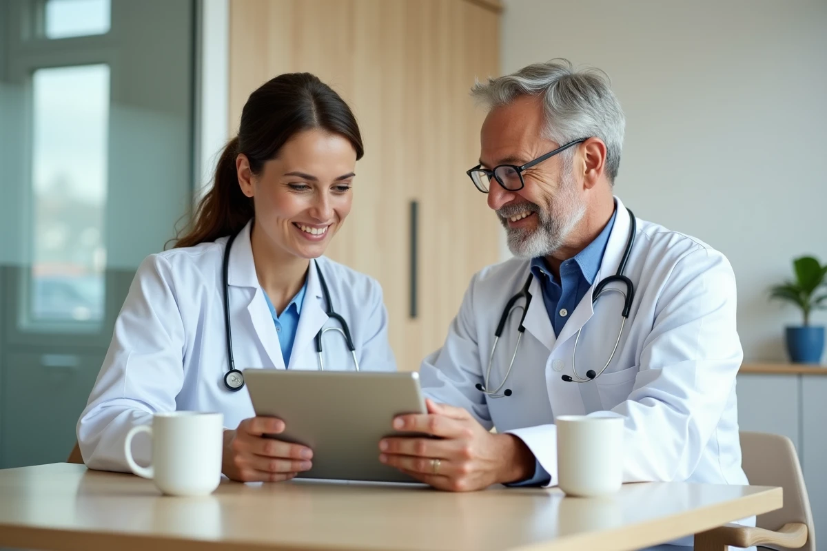 Deux vétérinaires consultant ensemble le logiciel GMVET sur une tablette dans une salle de pause de clinique vétérinaire