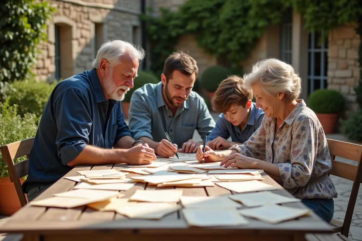 Famille multigénérationnelle réunie autour d'une table pour classer des archives et lettres familiales anciennes sur une terrasse en pierre