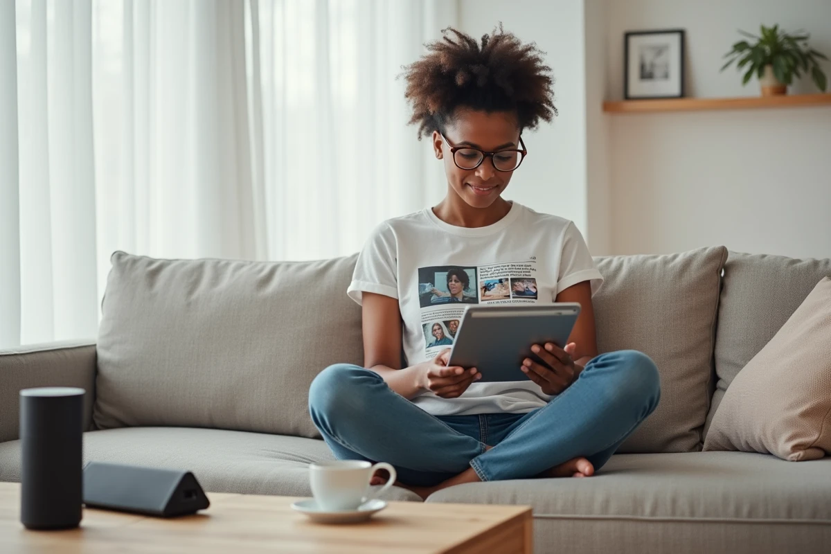 Femme passionnée de technologie lisant les actualités high-tech sur une tablette dans un salon minimaliste