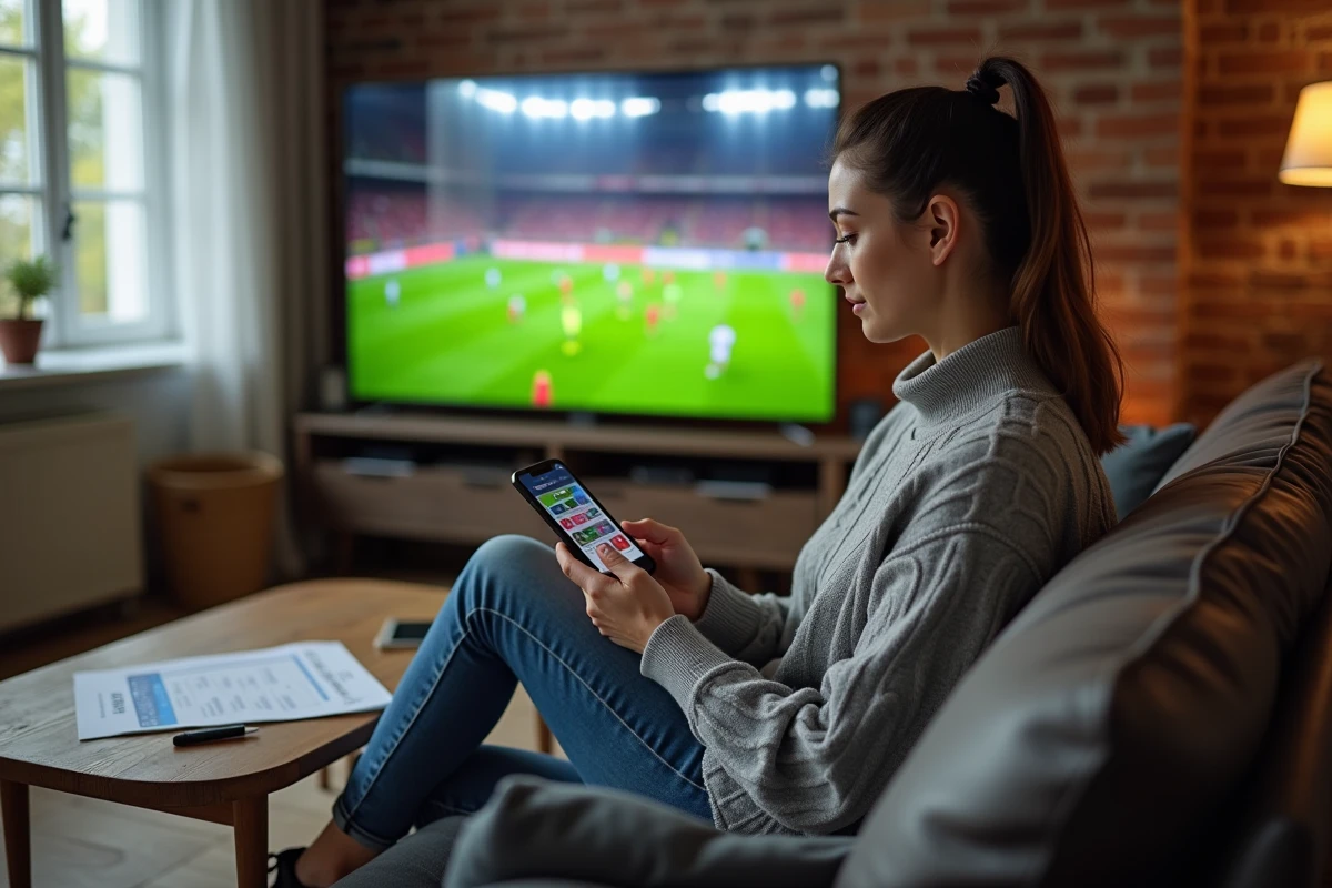 Femme consultant une application de paris sportifs sur smartphone devant un match de football à la télévision