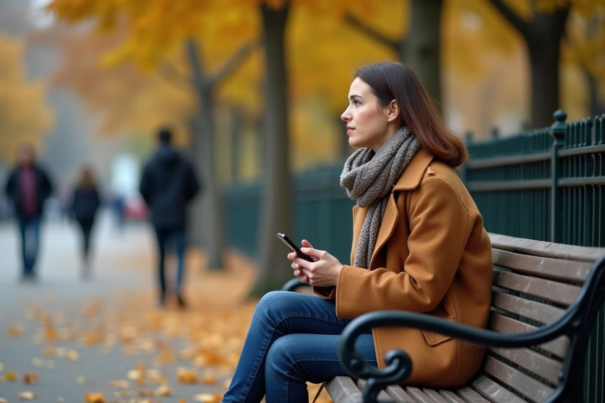 Femme pensive seule sur un banc de parc en automne, symbolisant la solitude émotionnelle et les styles d'attachement féminins