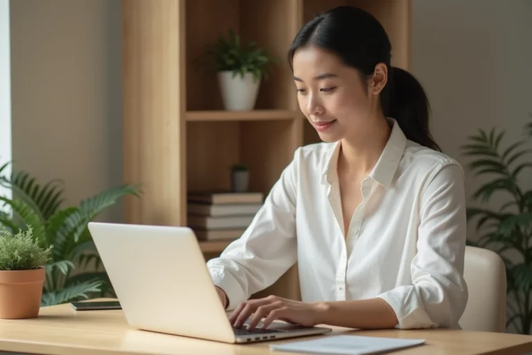 Jeune femme naviguant sur un laptop dans un bureau moderne et minimaliste, illustrant les tendances web et l'expérience en ligne