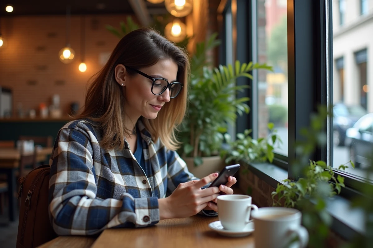 Femme en flanelle checkered naviguant sur smartphone en café