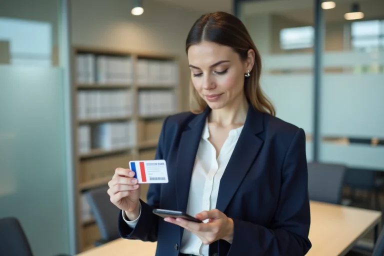 Femme tenant une carte nationale d'identité française dans un bureau administratif, illustration de la validité et du renouvellement de la CNI