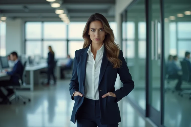 Femme en tenue professionnelle cherchant ses clés perdues dans les poches de sa veste dans un bureau moderne