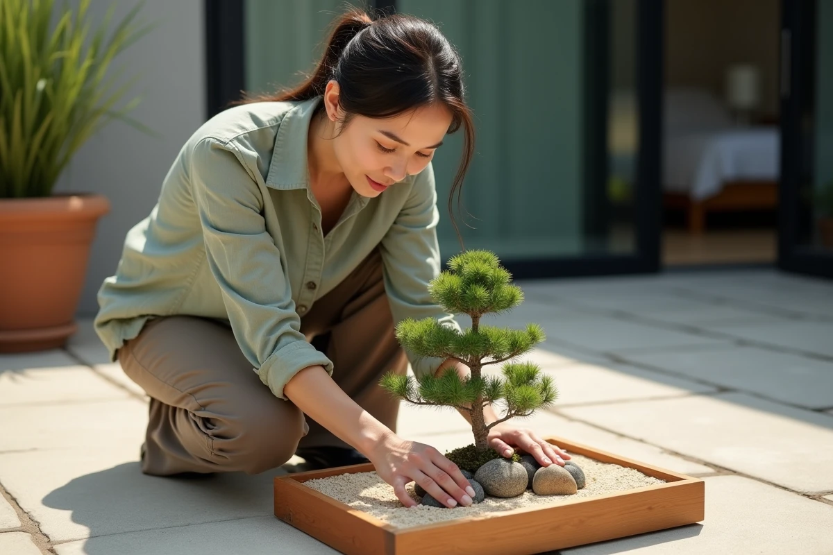 Femme créant un mini jardin zen avec bonsaï et sable sur une terrasse minimaliste moderne