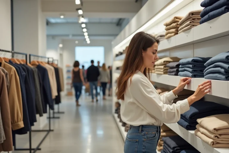 Femme comparant les prix des vêtements Zara dans un magasin en regardant attentivement une étiquette de prix