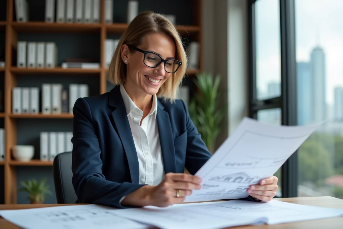 Femme professionnelle analysant des documents immobiliers dans un bureau moderne pour un investissement réussi