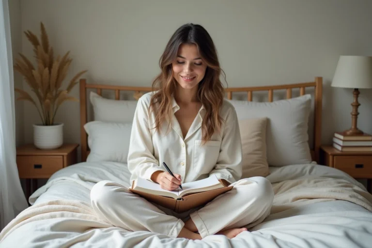 Femme assise sur le lit en train de journaliser dans une chambre calme