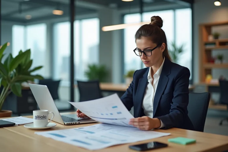 Femme professionnelle analysant des ressources business sur un bureau moderne en open space avec un ordinateur portable et des rapports imprimés